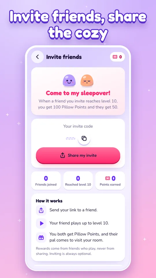 The Invite friends screen with an invite code